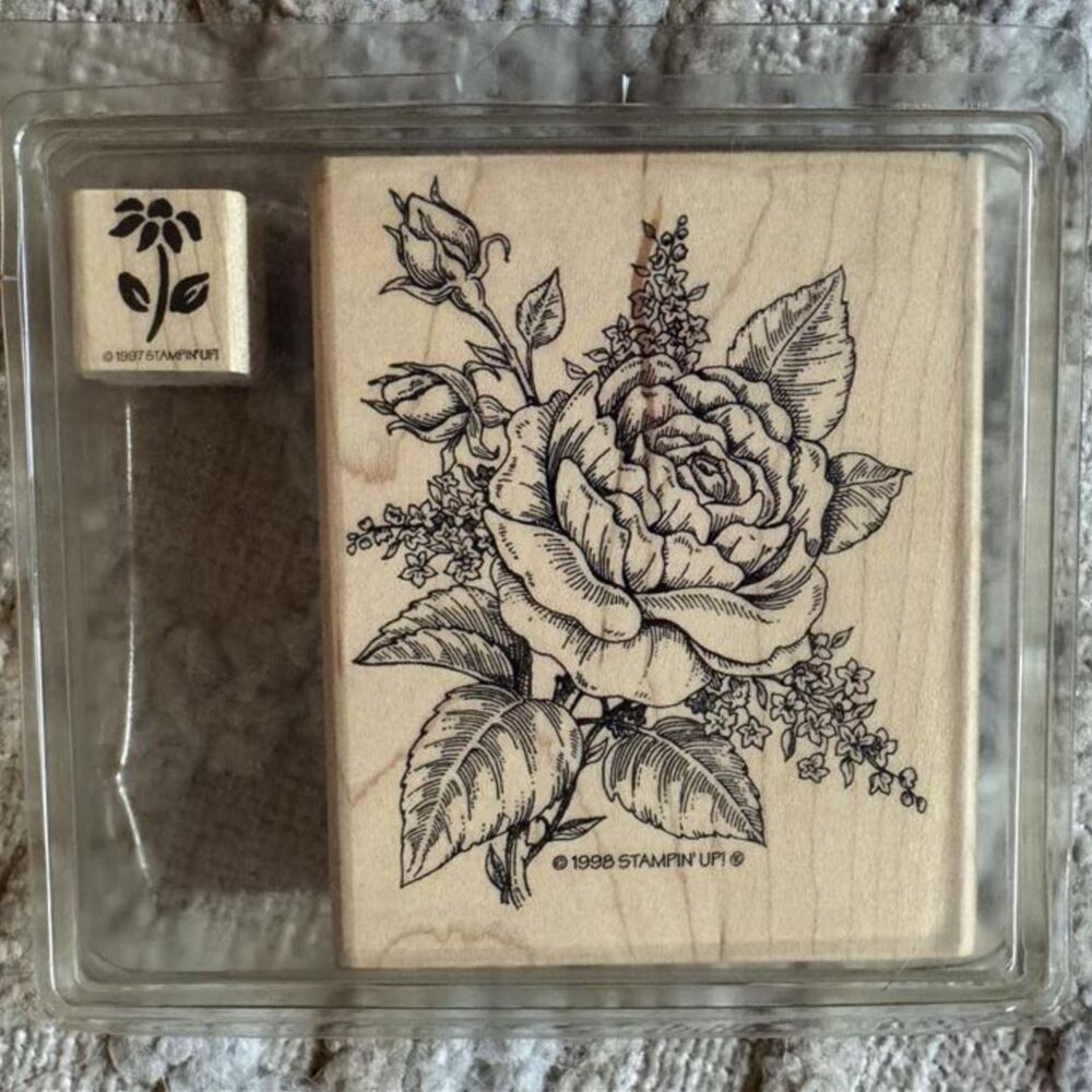 Vintage Stampin Up Romantic Rose 1998 Wood Rubber Stamp + Bonus Floral Stamp